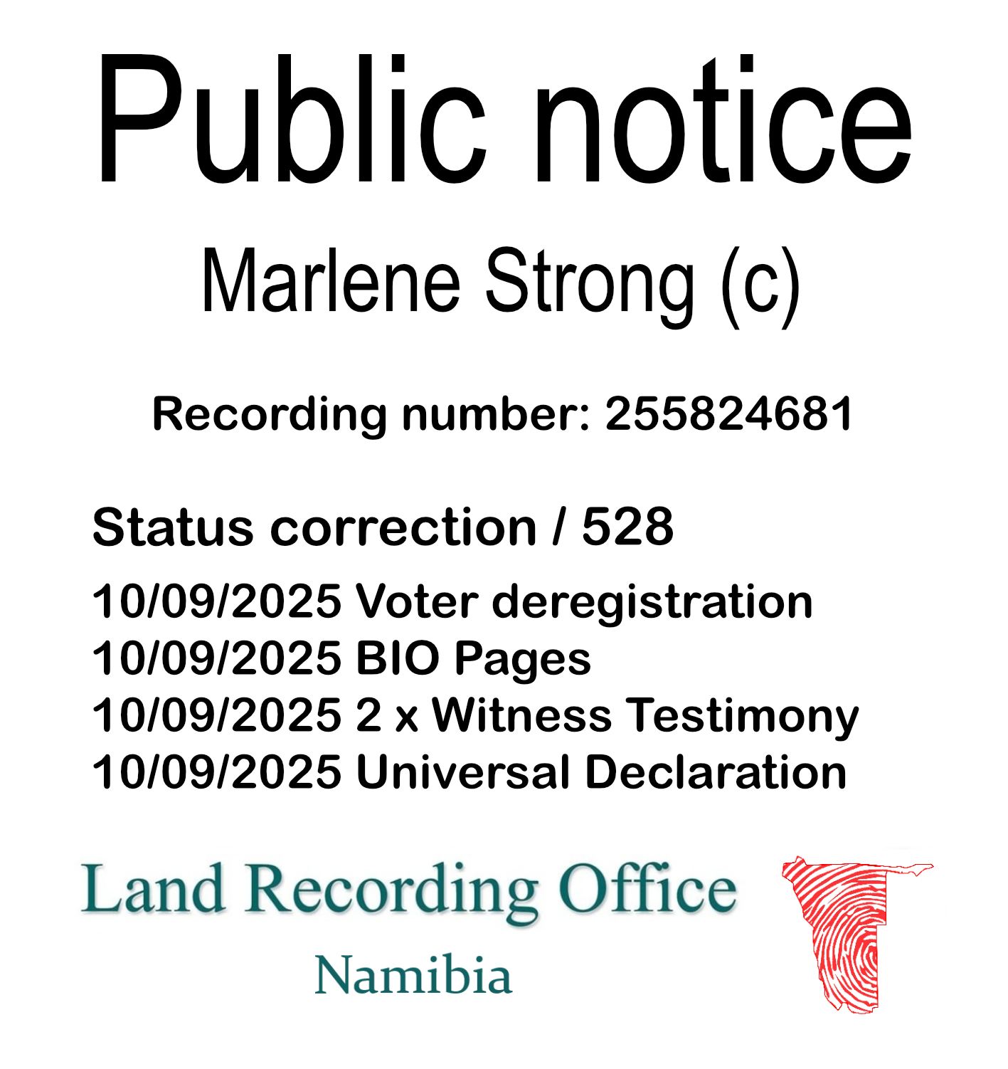 Public notice Marlene Strong Recording number 255824681